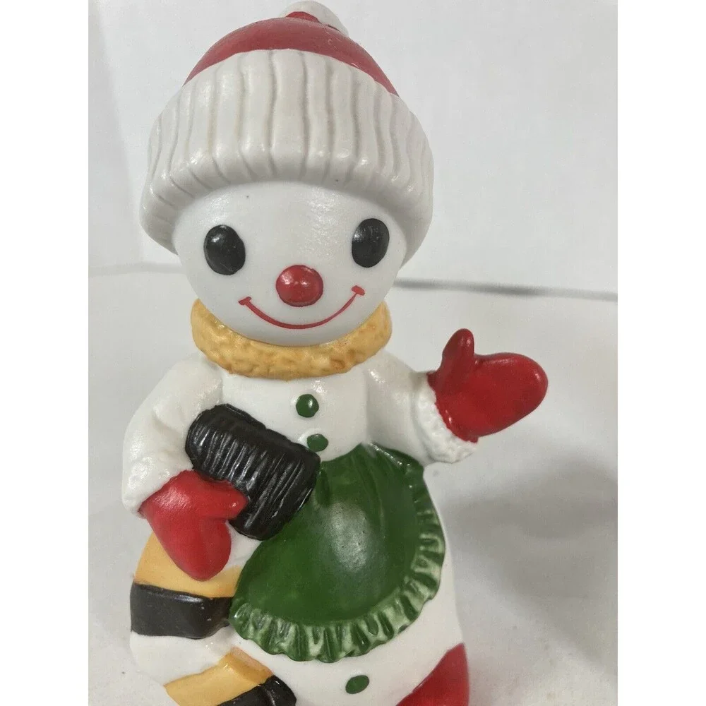 Porcelain Bisque Snowmen Set of 3 Shovel Stocking Candy Cane Vintage Taiwan Xmas